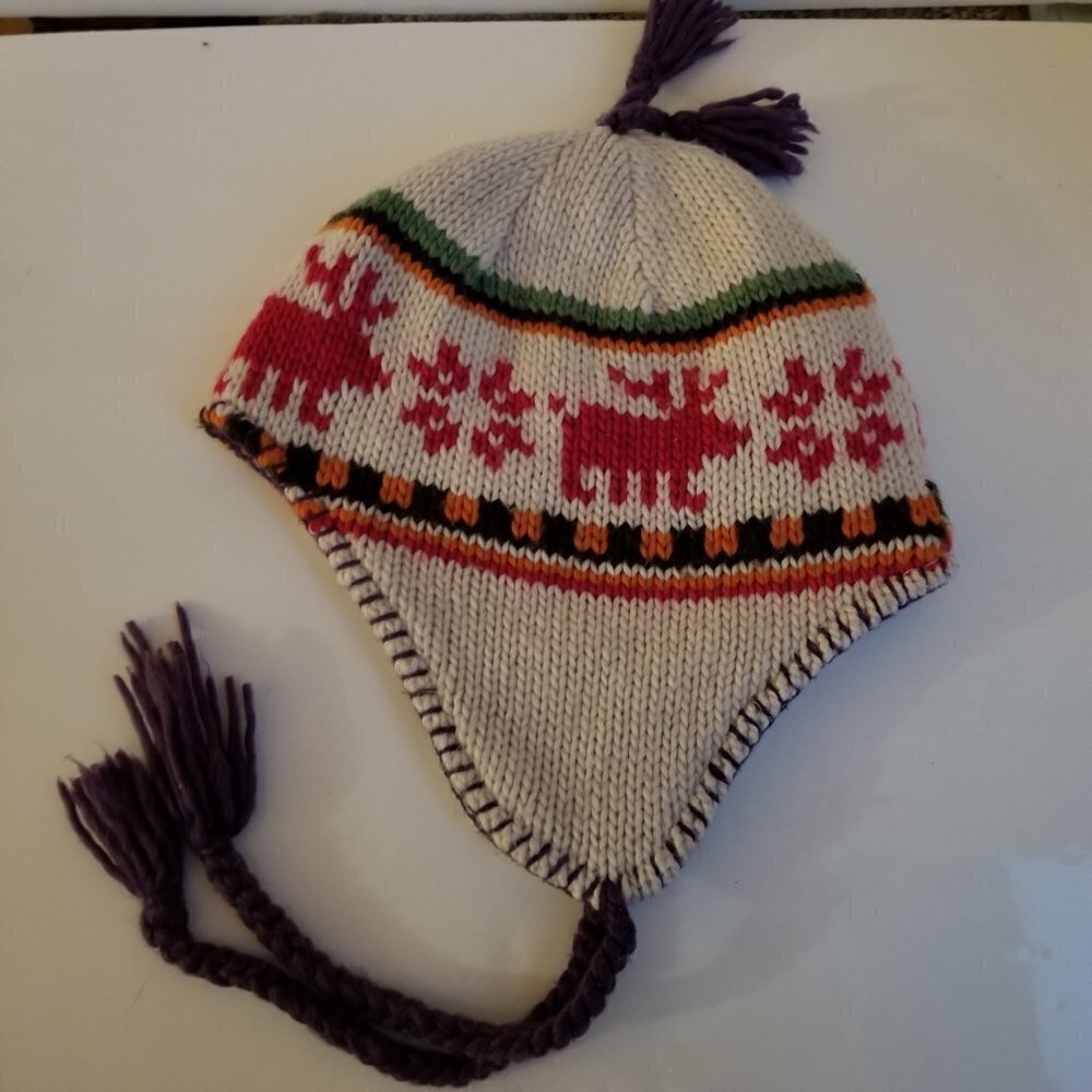 Beanie Toque Hat Lined Ear Flaps Youth Lg Unisex Knit Moose Design Braded Ties